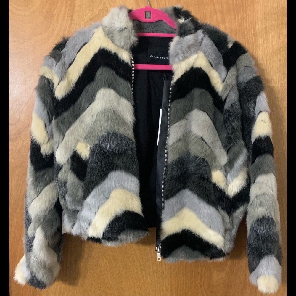 NWT Olivaceous Chevron Faux Fur Jacket